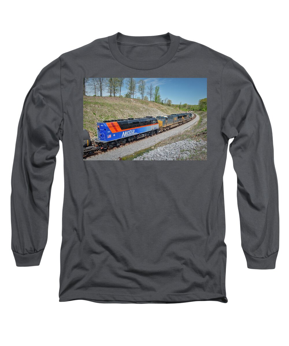 Railroad Long Sleeve T-Shirt featuring the photograph METRA locomotive 190 runs as the trailing unit on CSX Q648 by Jim Pearson