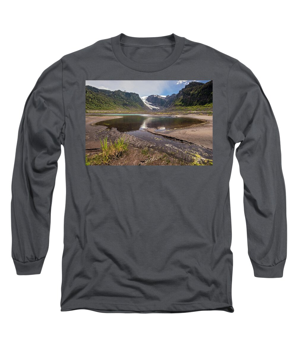 Chile Long Sleeve T-Shirt featuring the photograph Michinmahuida glacier with pond reflexion by Henri Leduc