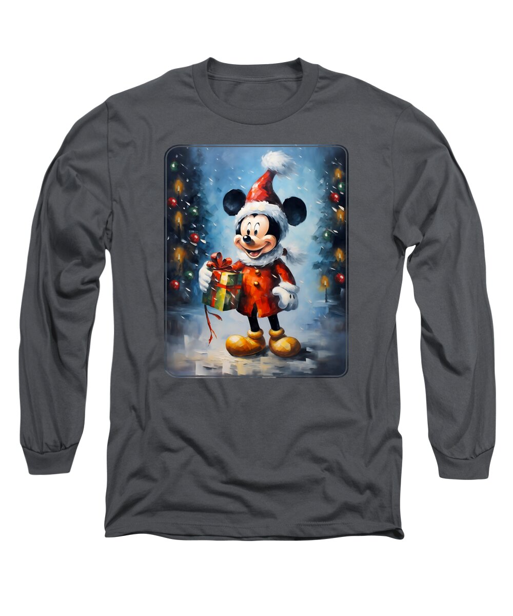 Mickey Mouse Long Sleeve T-Shirt featuring the painting Mickey Mouse Santa Claus 2 by Mark Ashkenazi