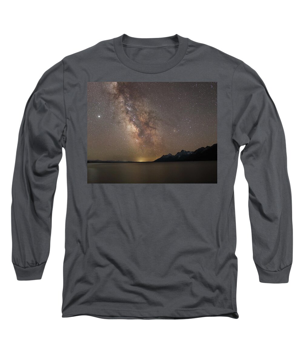 Tetons Long Sleeve T-Shirt featuring the photograph Milky Way over Jackson Lake, 2020 by Jean Clark