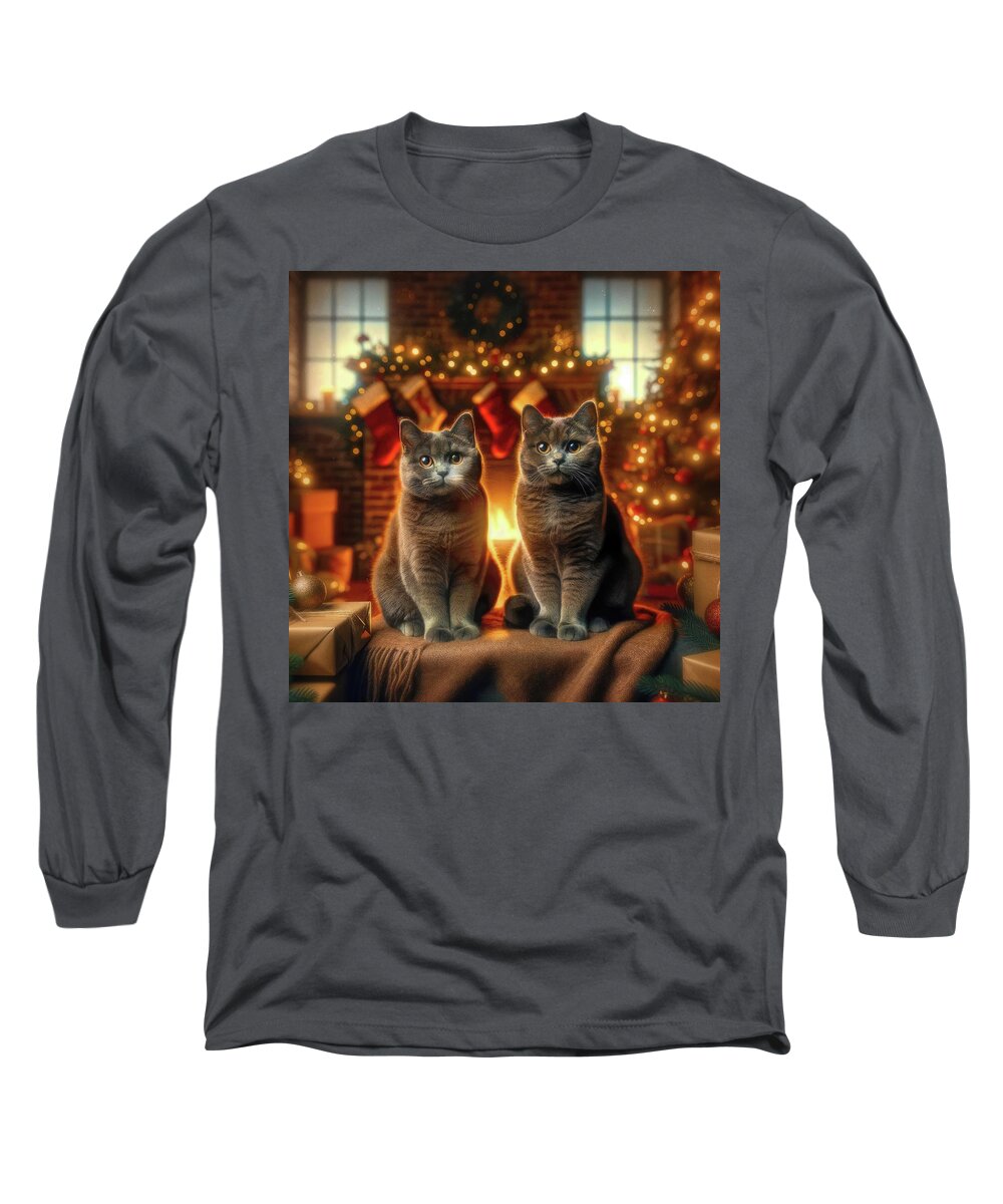 Christmas Long Sleeve T-Shirt featuring the digital art Mischief and Buster Heavenly Christmas by Bill and Linda Tiepelman