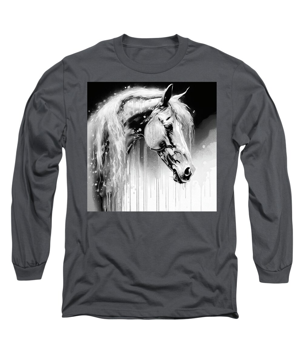 Abstract Long Sleeve T-Shirt featuring the digital art Monochrome Abstract Horse Portrait - 02309 by Philip Preston