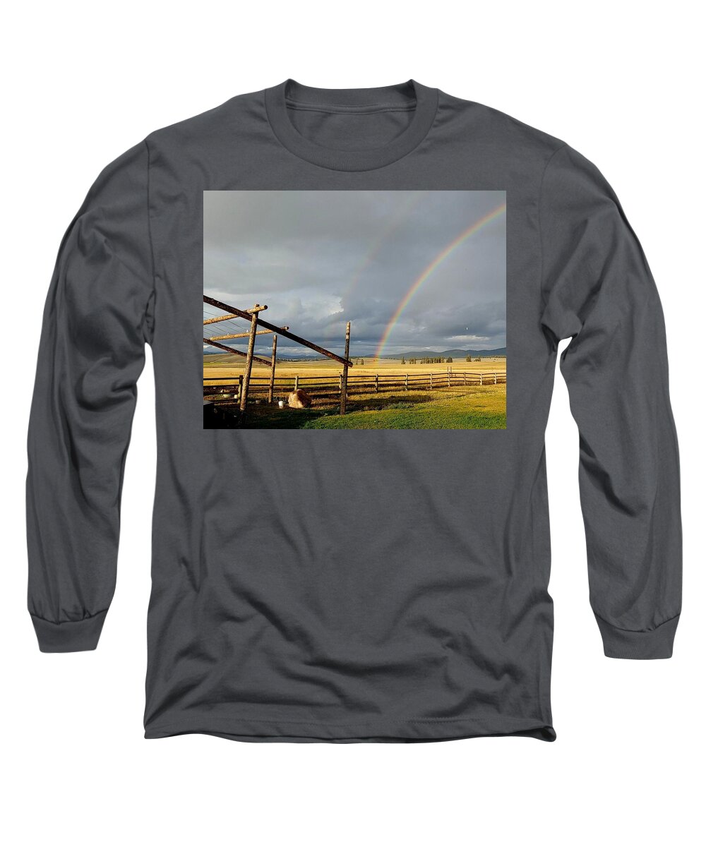 Montana Rainbow Ranch Long Sleeve T-Shirt featuring the photograph Montana Rainbow at the ranch 3 by Don Varney