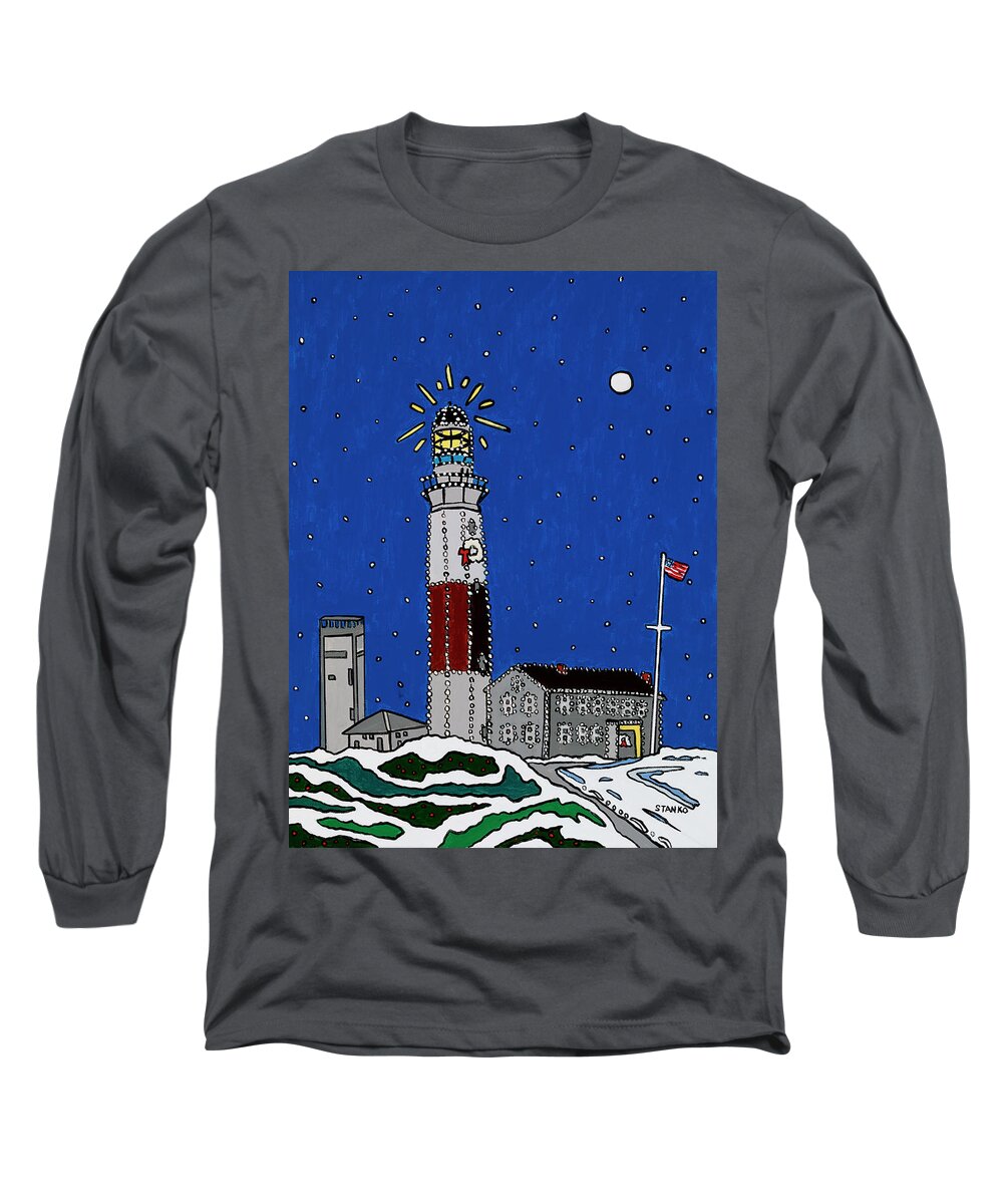 Montauk Lighthouse Christmas Long Sleeve T-Shirt featuring the painting Montauk Christmas Lights by Mike Stanko