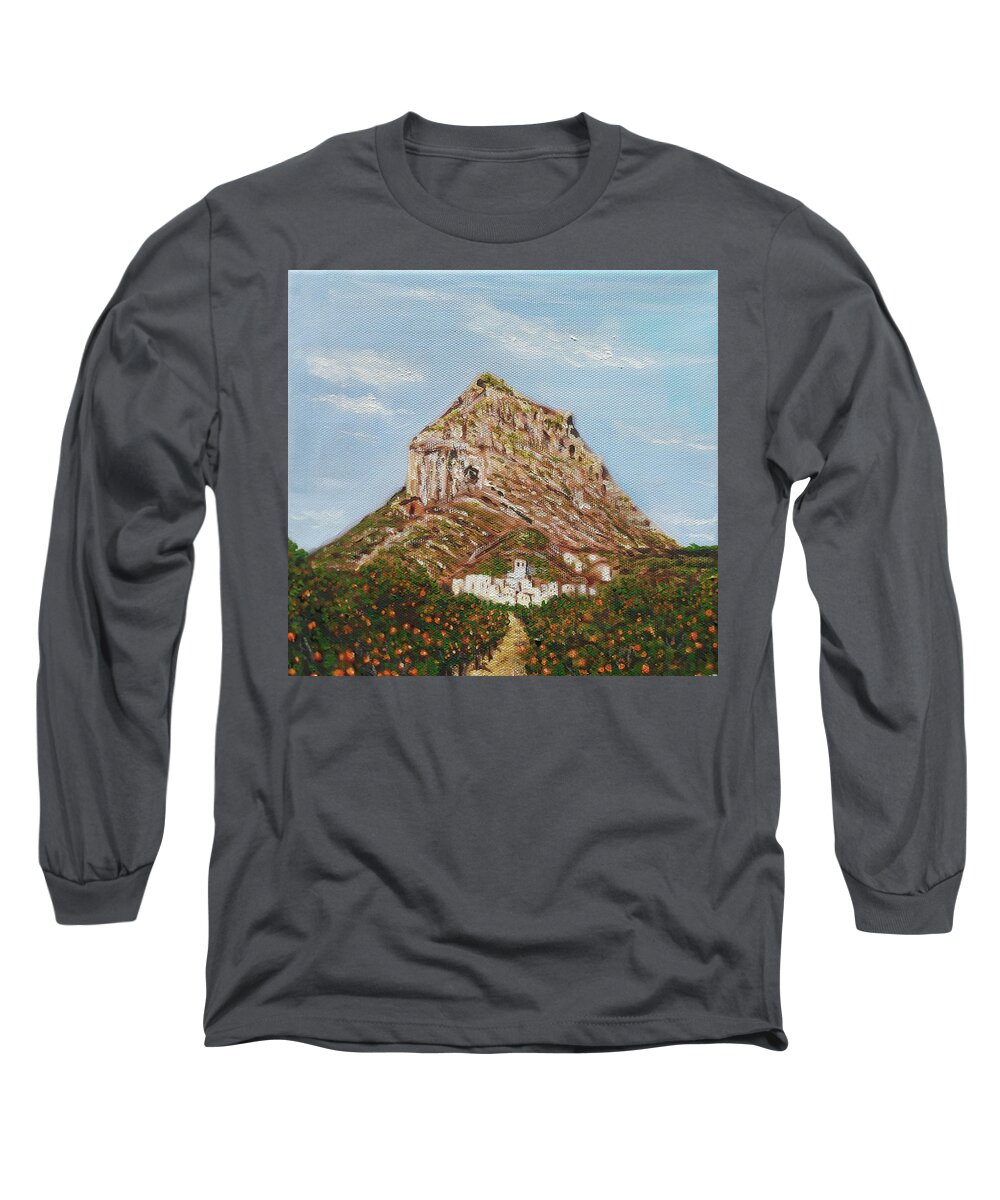 Javea Long Sleeve T-Shirt featuring the painting Montgo Javea Spain, From The Orange Groves by Mackenzie Moulton