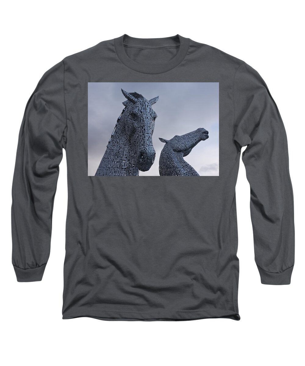 The Kelpies Long Sleeve T-Shirt featuring the photograph Moody Broody Kelpies by Stephen Taylor