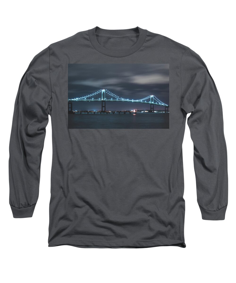 Newport Bridge Long Sleeve T-Shirt featuring the photograph Moody Skies over the Newport Bridge by Christina McGoran
