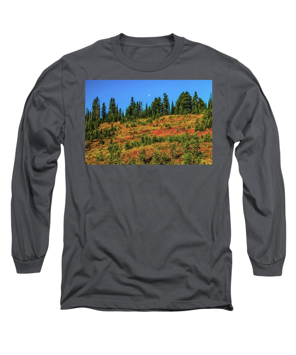 Mount Rainier National Park Long Sleeve T-Shirt featuring the photograph Moon Over Paradise by Doug Scrima