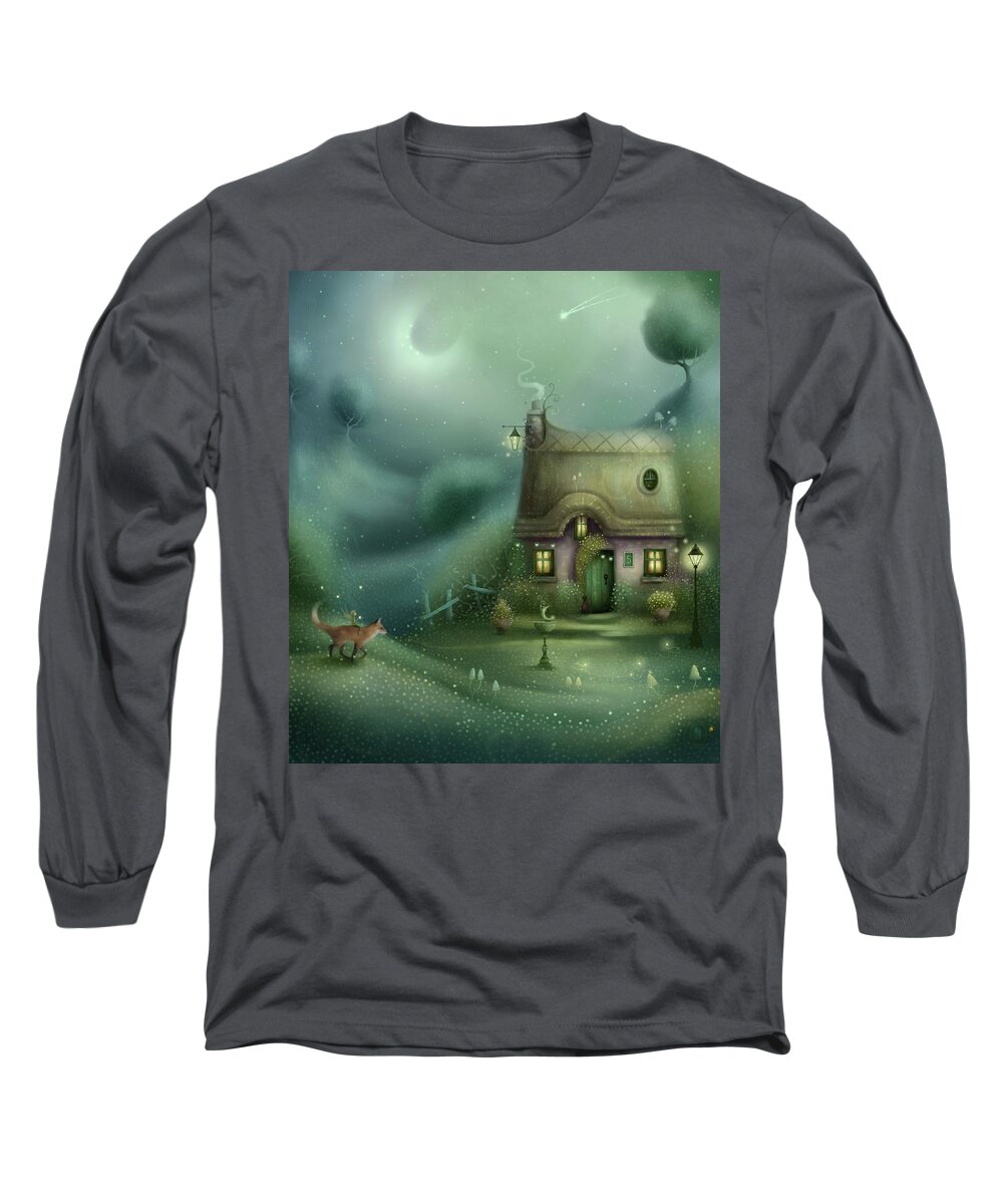Fairy Long Sleeve T-Shirt featuring the painting Moondial cottage by Joe Gilronan