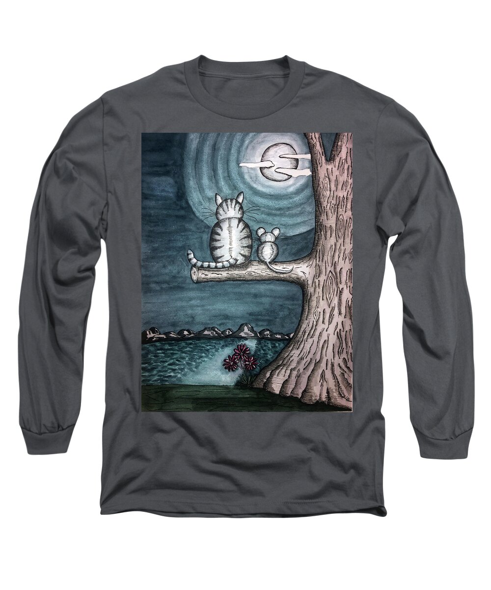 Landscape Long Sleeve T-Shirt featuring the painting Moonlight Cat and Mouse by Christina Wedberg