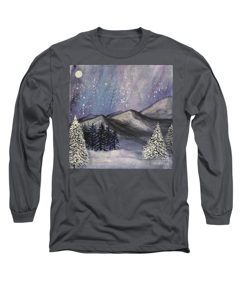 Mountains Long Sleeve T-Shirt featuring the painting Moonlit Mountains by Lisa Neuman