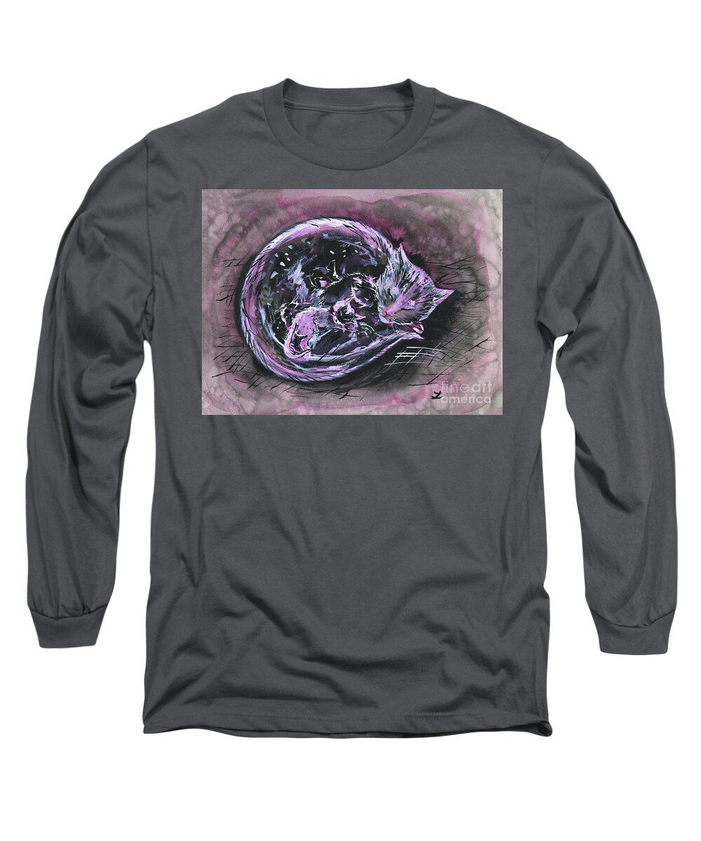 Cat Long Sleeve T-Shirt featuring the painting Mother Cat with Kittens by Zaira Dzhaubaeva
