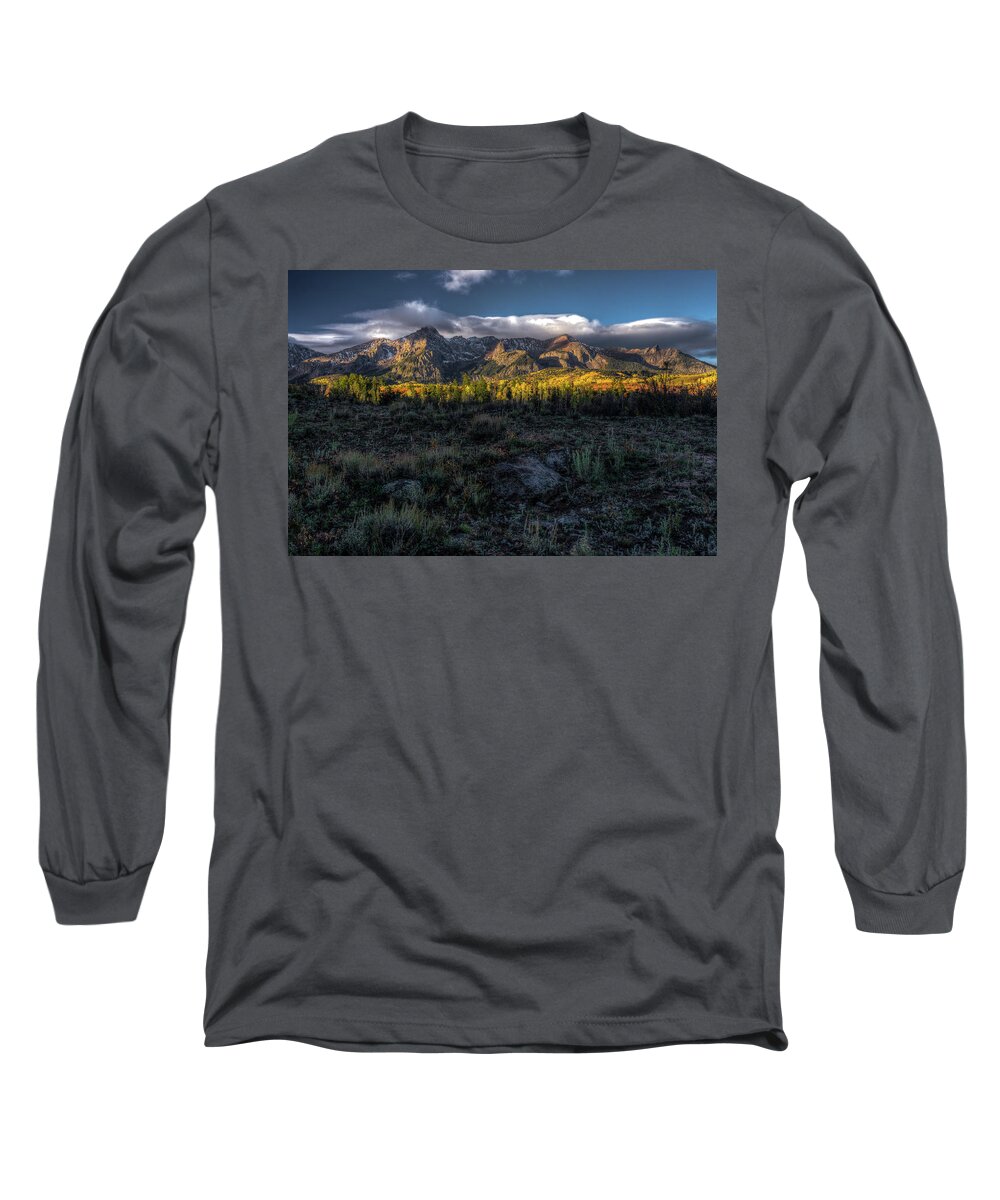 Clouds Long Sleeve T-Shirt featuring the photograph Mountains at Sunrise - 0381 by Jerry Owens