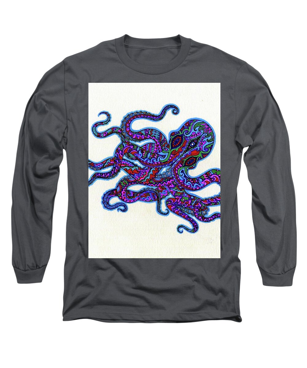 Octopus Long Sleeve T-Shirt featuring the drawing Mr Octopus by Baruska A Michalcikova