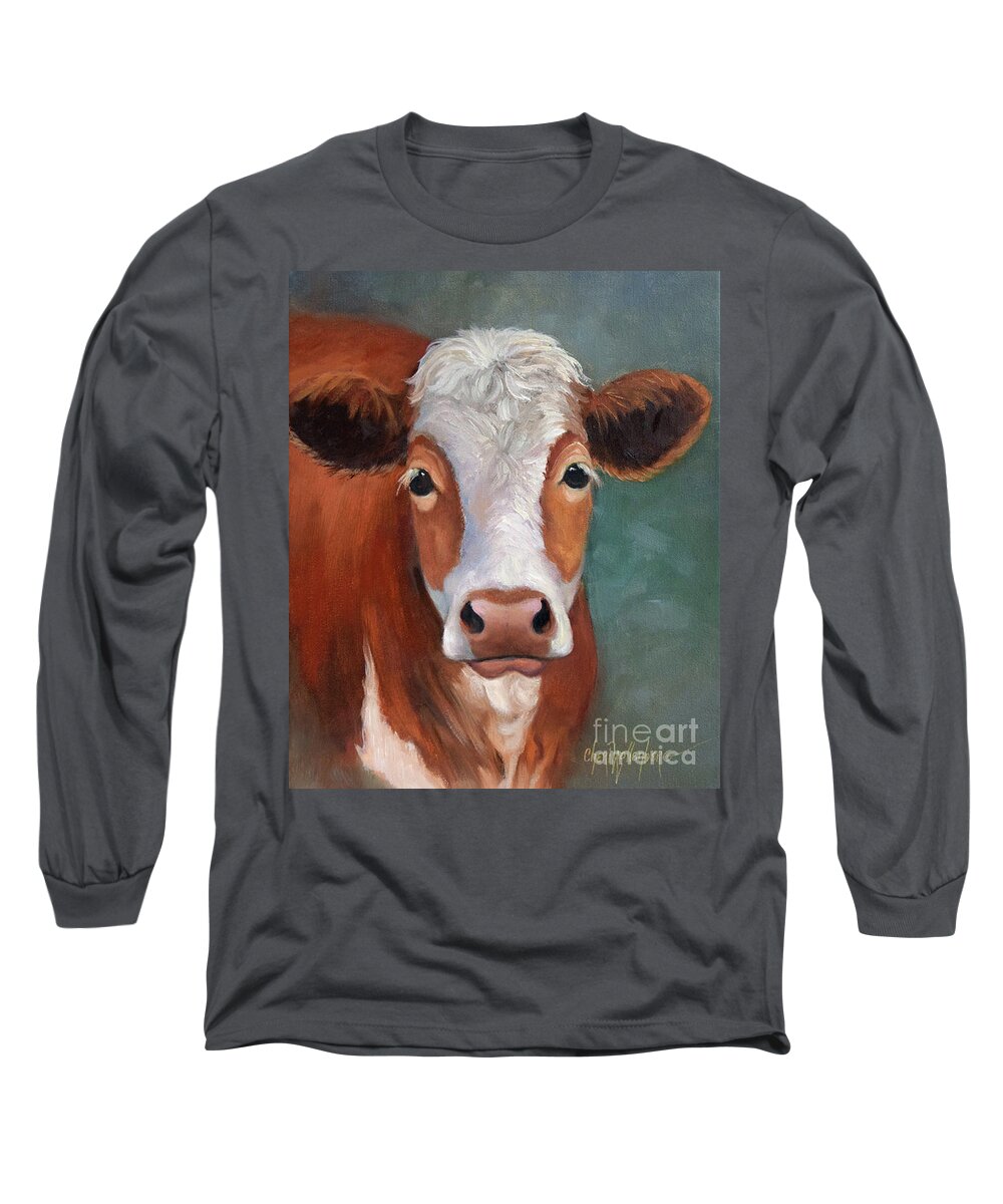 Ms Poppy Is Still Another Cow Painting I Finished This Past Year. She Has The Sweetest Face! She Has A Sweet Banded Eye And Jaw Are That Makes Her Eyes Look Heavily In Thought Long Sleeve T-Shirt featuring the painting Ms Poppy by Cheri Wollenberg