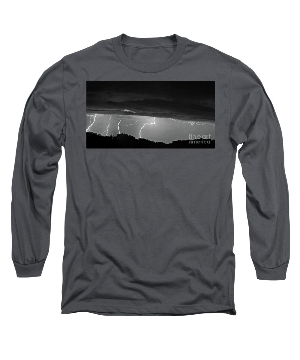 Lightning Long Sleeve T-Shirt featuring the photograph Multiple Lighting Strikes Woods clouds composite panorama by Pete Klinger