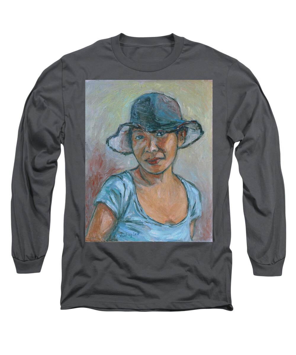 Self-portrait Long Sleeve T-Shirt featuring the painting My First Self-Portrait by Xueling Zou