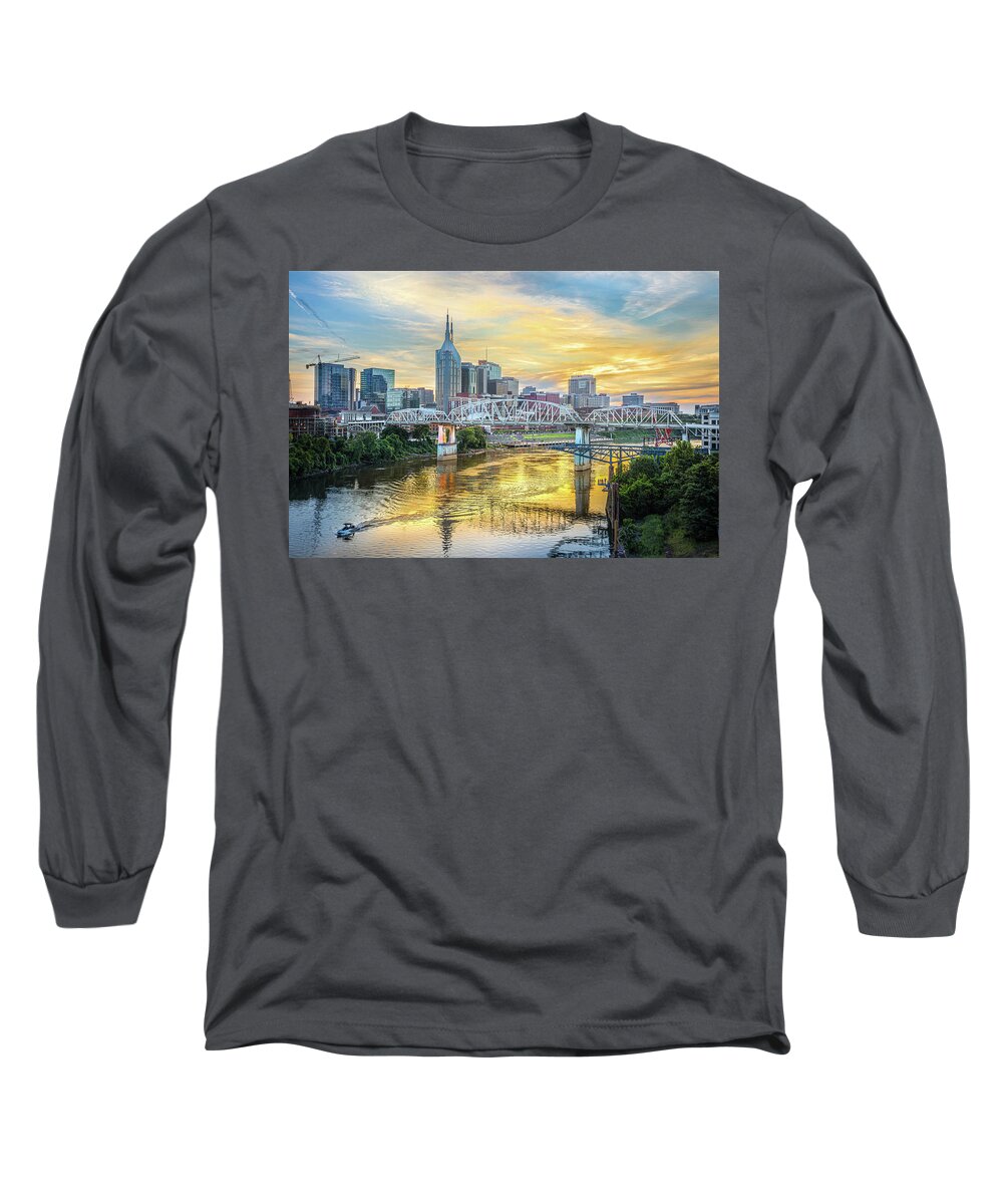 Nashville Long Sleeve T-Shirt featuring the photograph Nashville Tennessee Sunset At Cumberland River by Jordan Hill