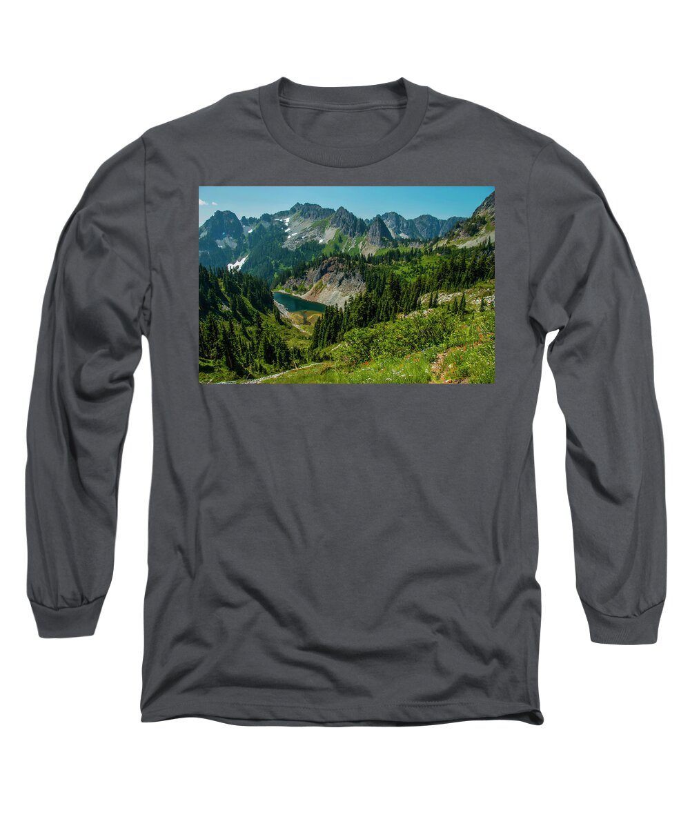 Mount Rainier National Park Long Sleeve T-Shirt featuring the photograph Nestled Beneath the Cliffs by Doug Scrima