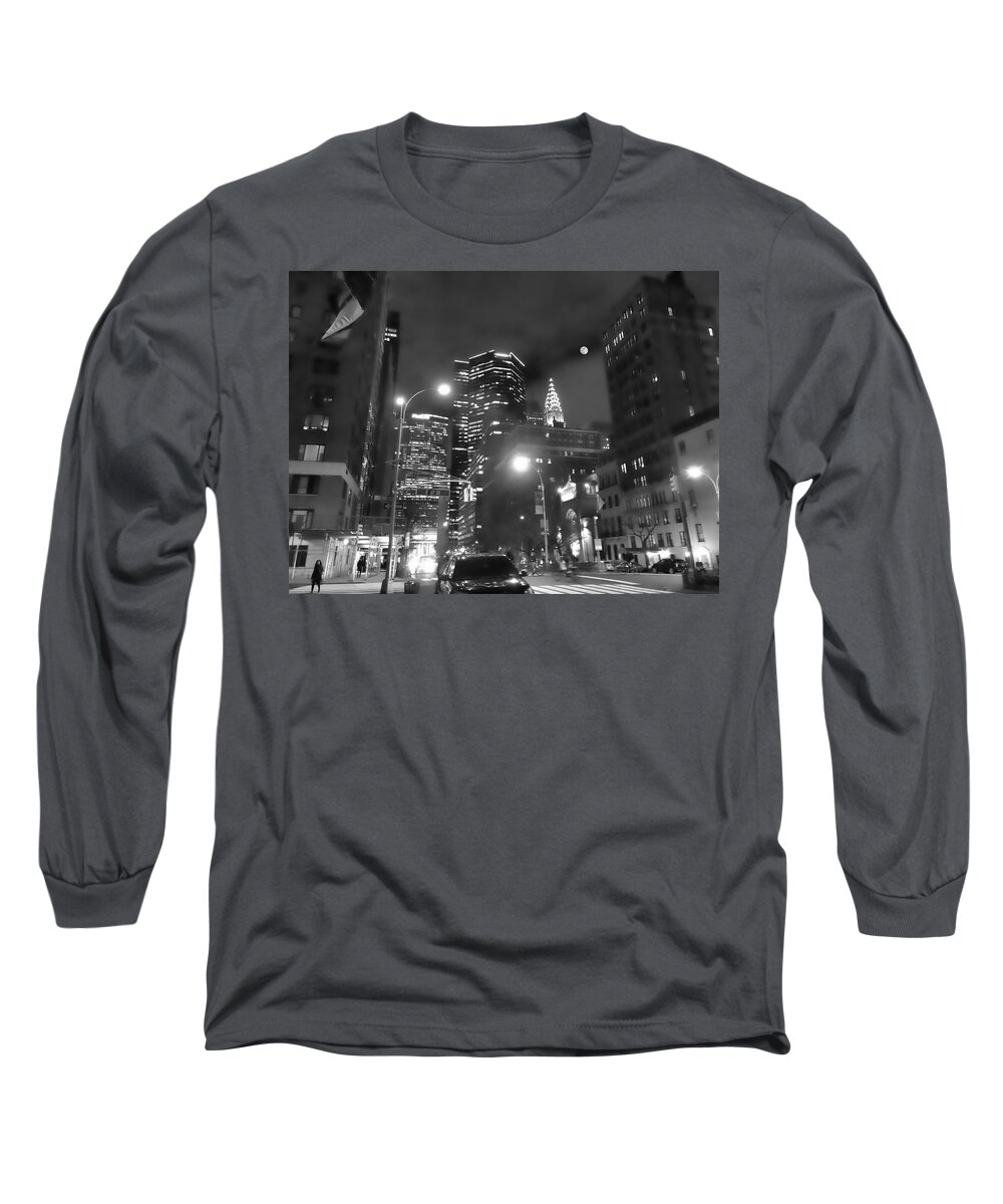 New York Long Sleeve T-Shirt featuring the photograph New York City at Night Full Moon by Russel Considine