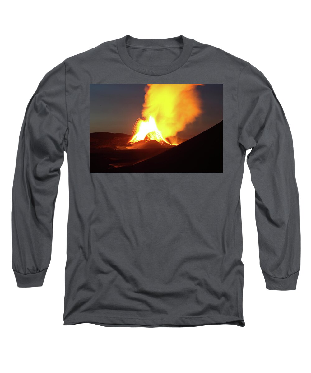 Volcano Long Sleeve T-Shirt featuring the photograph Night fire #3 by Christopher Mathews