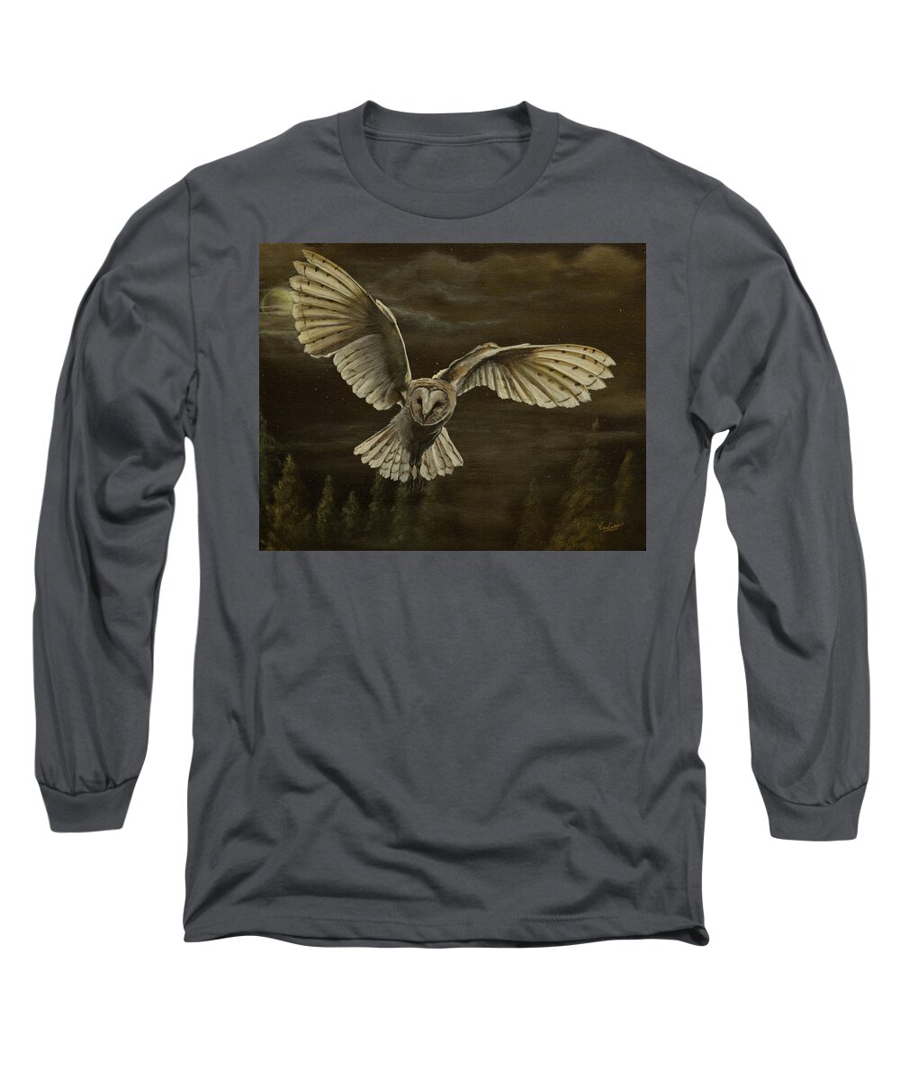 Owl Long Sleeve T-Shirt featuring the painting Night Owl, Barn Owl by Vivian Casey Fine Art