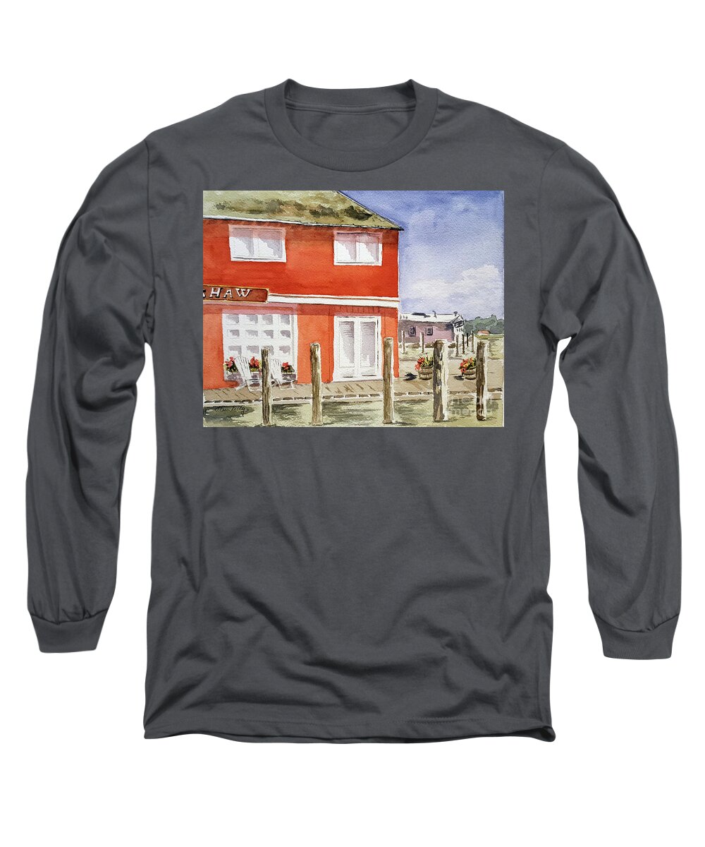Scrimshaw Long Sleeve T-Shirt featuring the painting NOFO Scrimshaw Greenport by Eileen Kelly