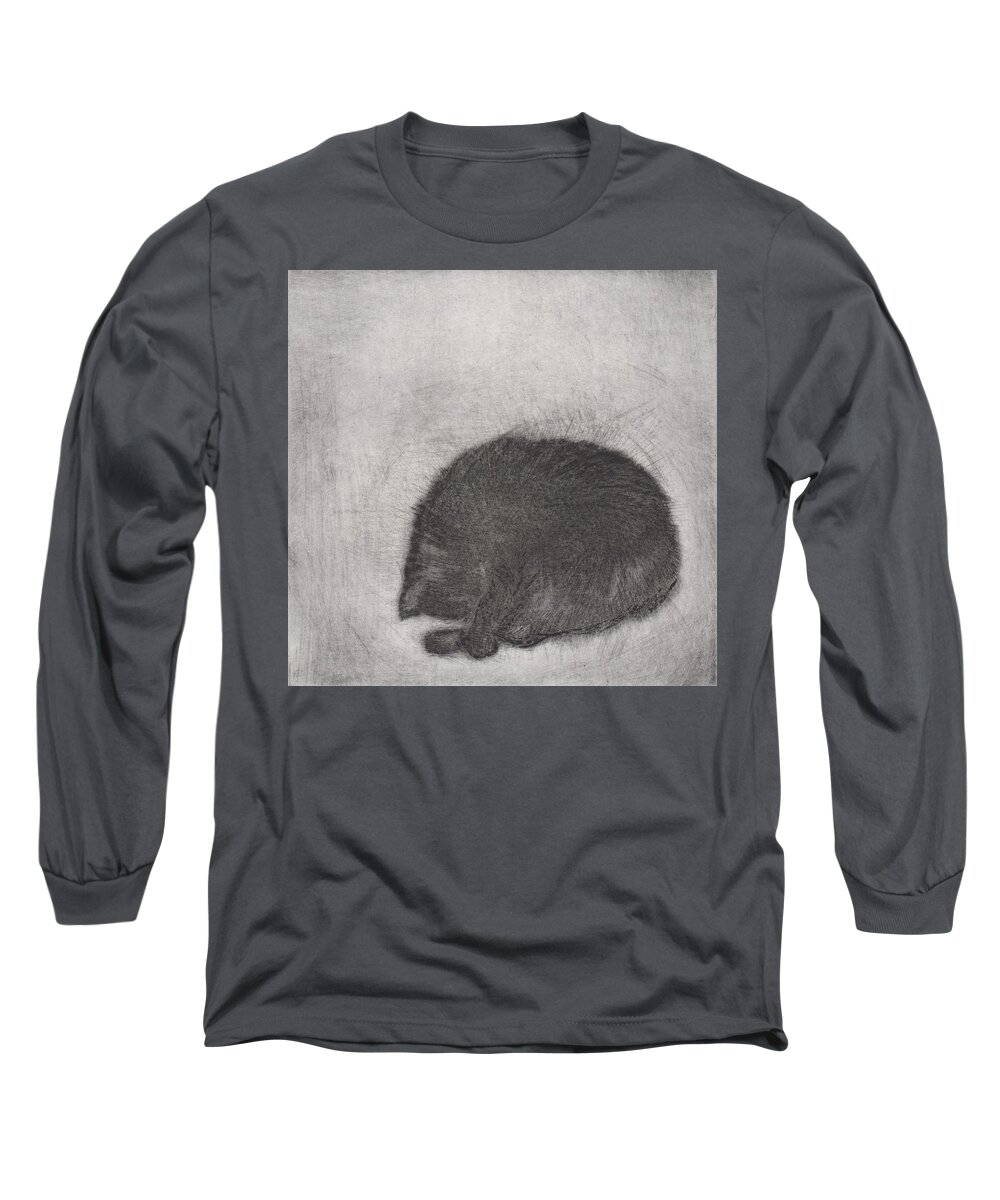 Cat Long Sleeve T-Shirt featuring the drawing Nonchaloir - etching by David Ladmore