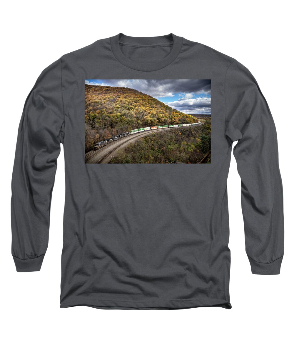 Railroad Long Sleeve T-Shirt featuring the photograph Norfolk Southern 4041, 1843, and 8016 lead an intermodal through Horseshoe Curve at Altoona Pennsyl by Jim Pearson