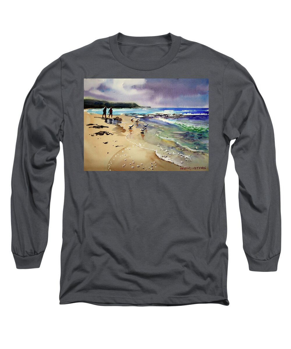 Purple Sky Long Sleeve T-Shirt featuring the painting North Beach with Birds by Shirley Peters