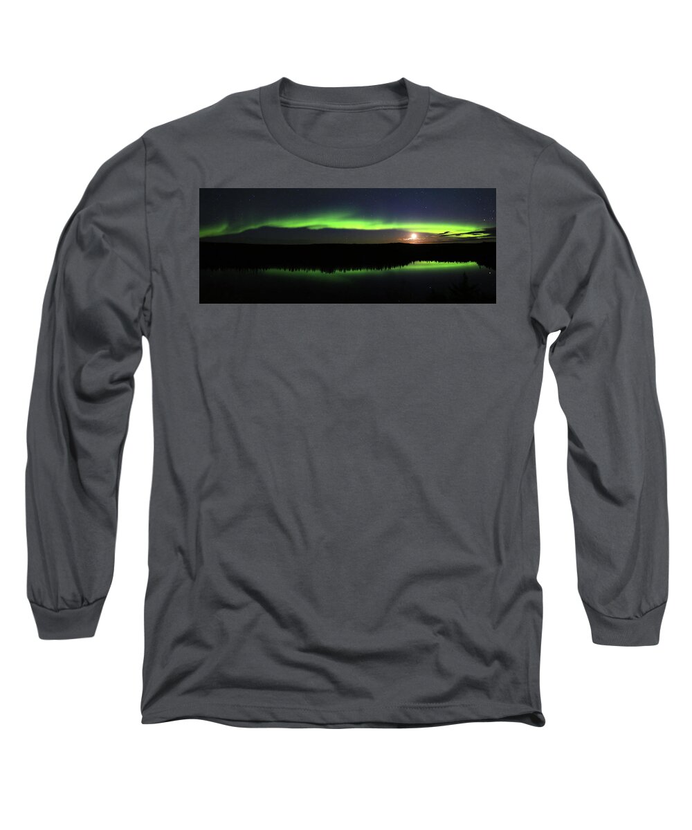 Northern Lights Long Sleeve T-Shirt featuring the photograph Northern Lights Dancing with the Moon by Shixing Wen