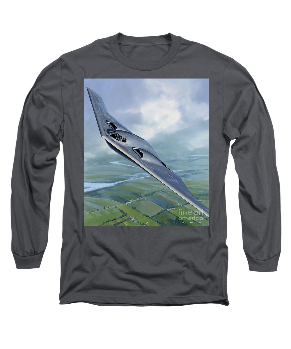 Aircraft Long Sleeve T-Shirt featuring the painting Northrop B-2 Spirit Stealth Bomber by Jack Fellows