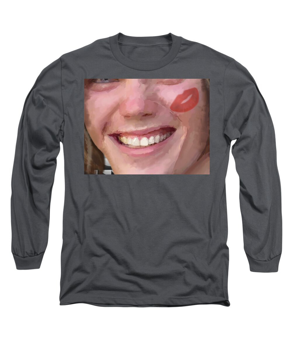 Nose Long Sleeve T-Shirt featuring the drawing Nose Lips Smiling Kiss On Cheek Novelty Face Mask by Joan Stratton