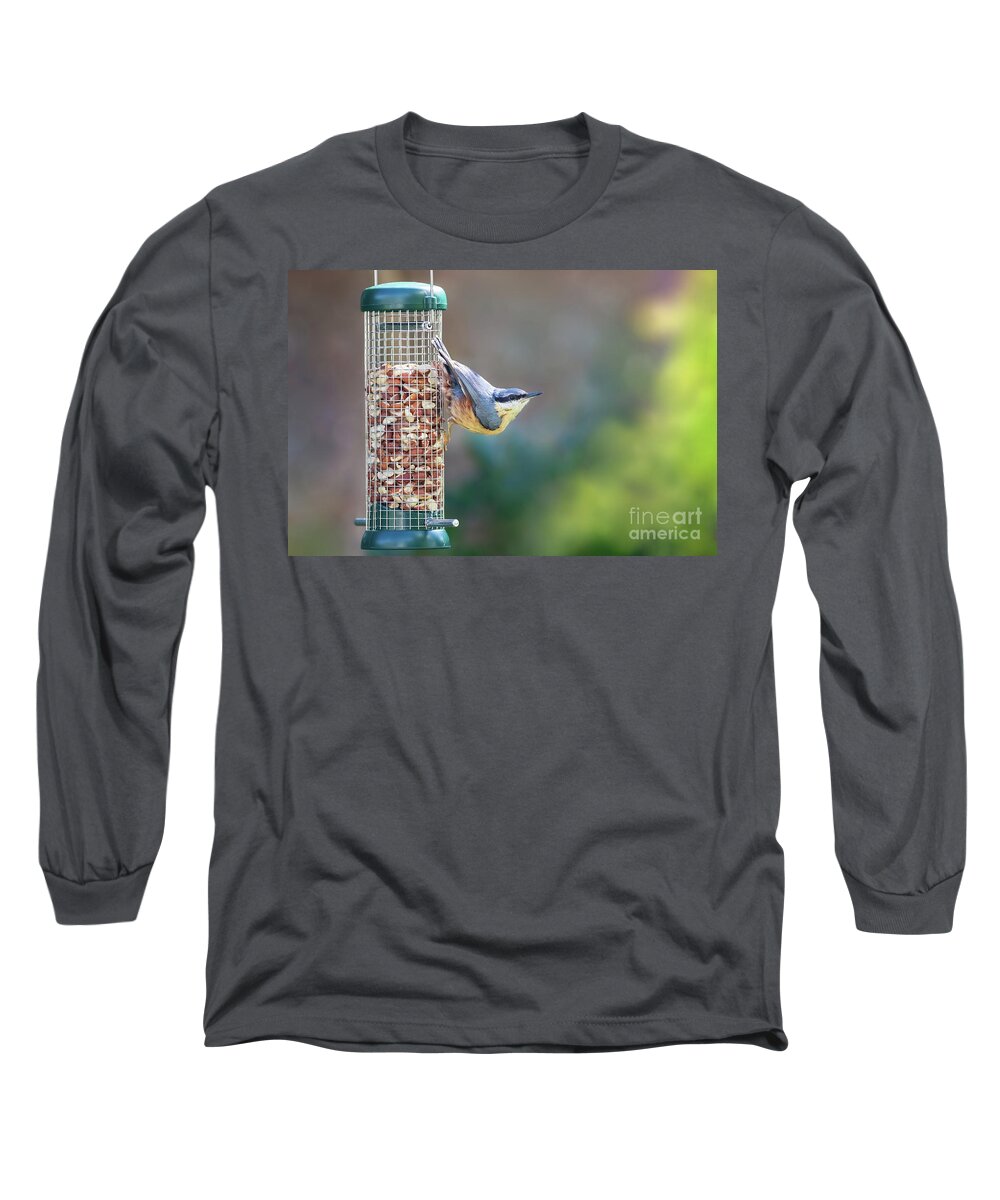Peanuts Long Sleeve T-Shirt featuring the photograph Nuthatch hanging from a peanut feeder in Hampshire, UK by Jane Rix