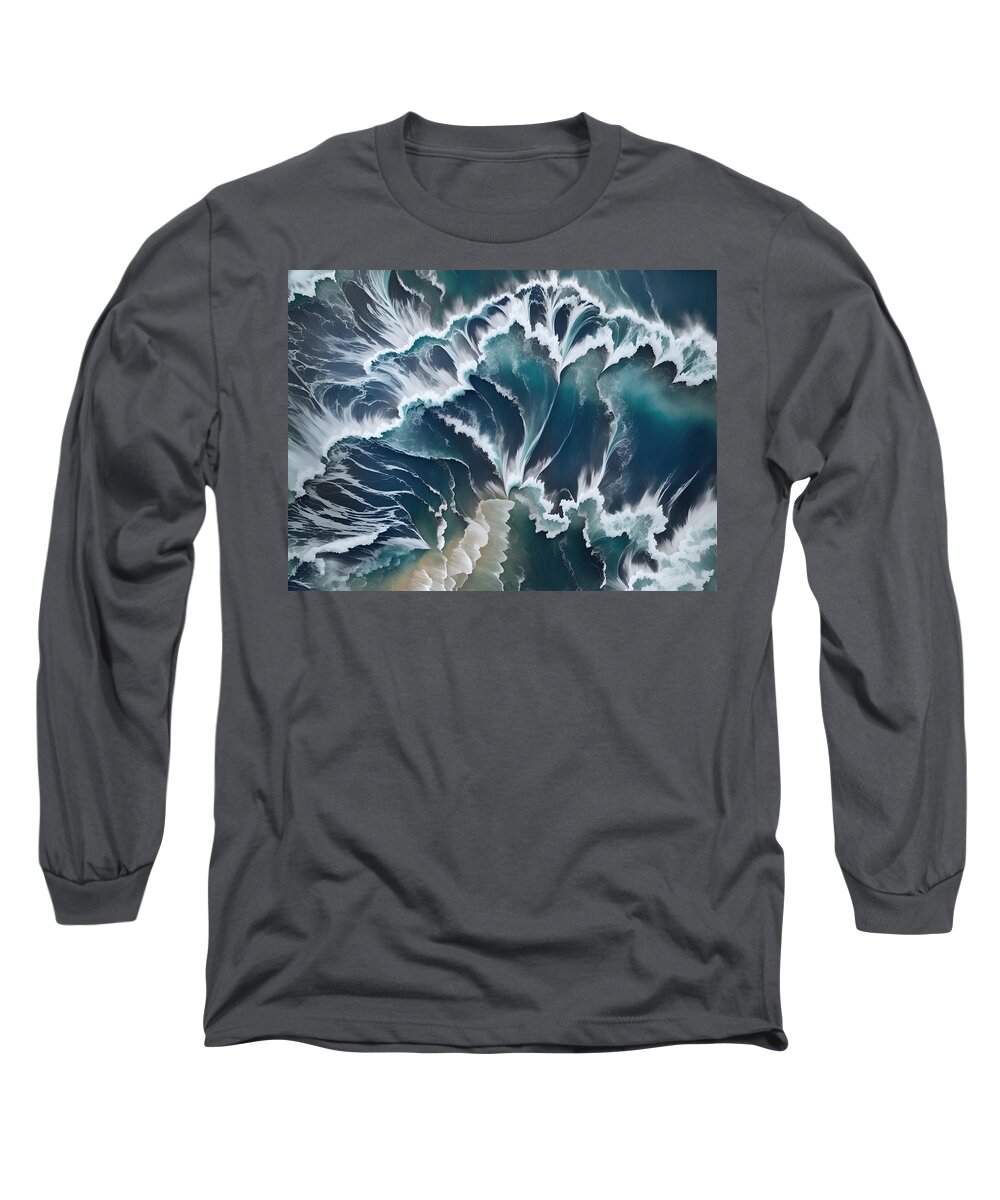 Ccitypictures Long Sleeve T-Shirt featuring the digital art Ocean Waves Crashing on Shore by Mark Greenberg