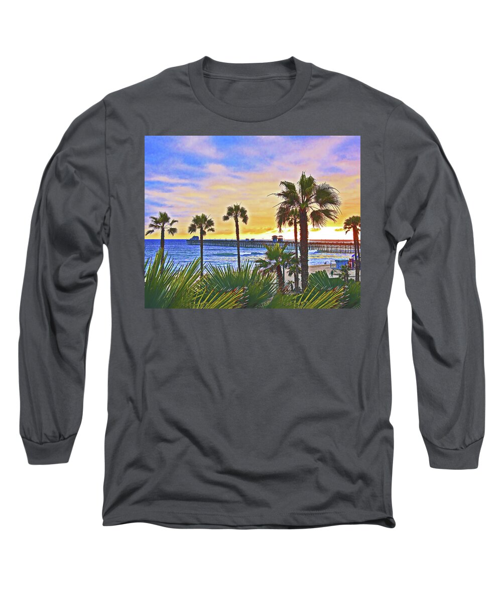 Oceanside Long Sleeve T-Shirt featuring the photograph Oceanside Pier, Sunset, California by Don Schimmel