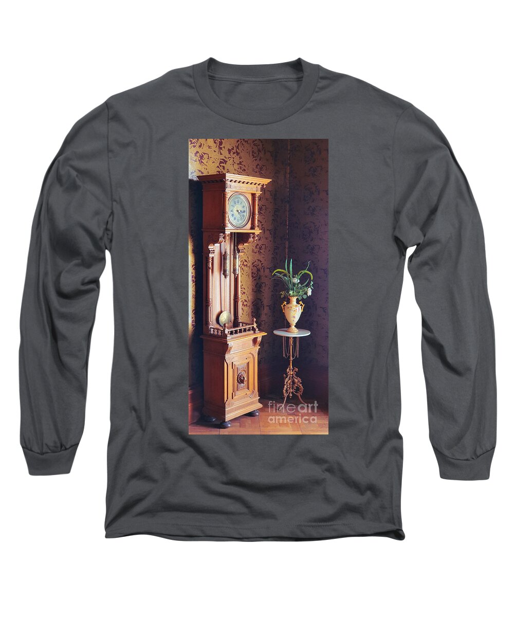 Antique Long Sleeve T-Shirt featuring the photograph Old fashioned grandfather clock and antique vase by Mendelex Photography