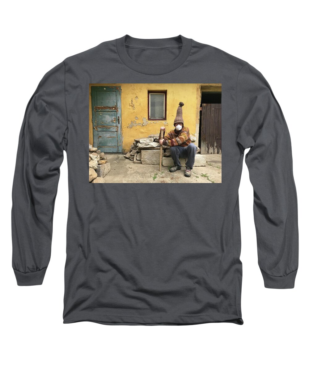 Old Long Sleeve T-Shirt featuring the photograph Old Man Spending Global Pandemic in His Backyard by Jan Dolezal