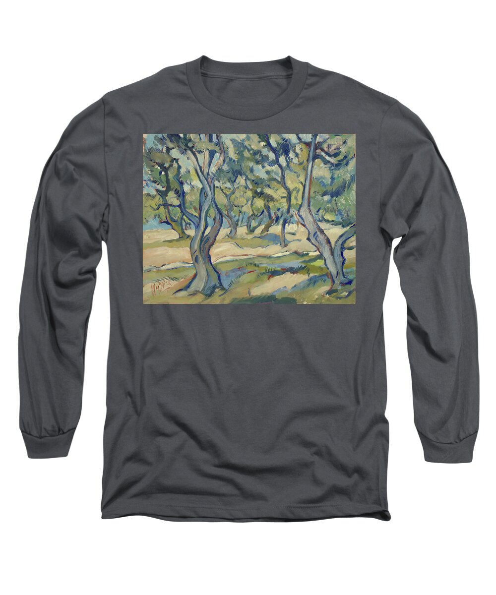 Olive Long Sleeve T-Shirt featuring the painting Olive yard Paxos Greece by Nop Briex