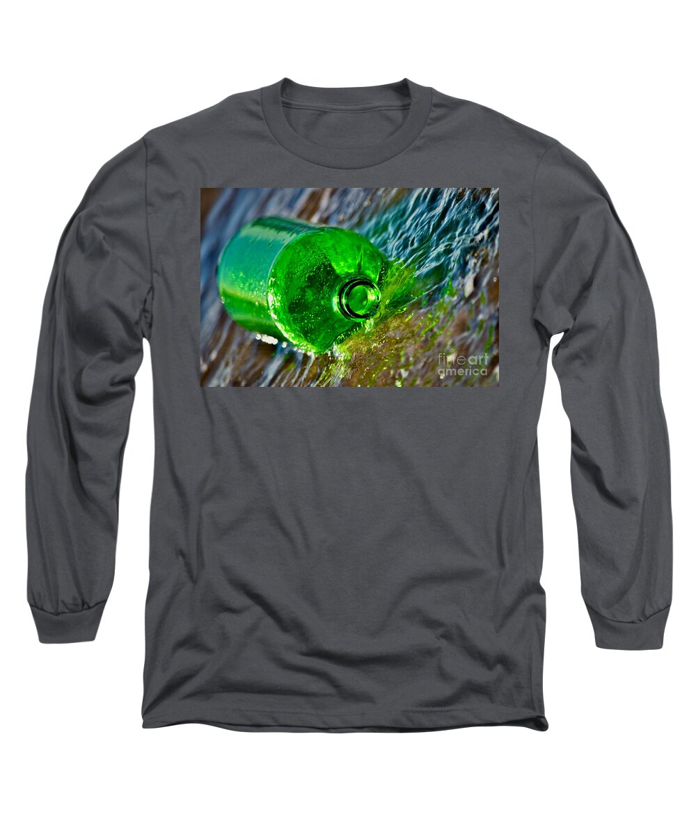 Green Long Sleeve T-Shirt featuring the photograph One Green Bottle Rolling with the Tide by Debra Banks