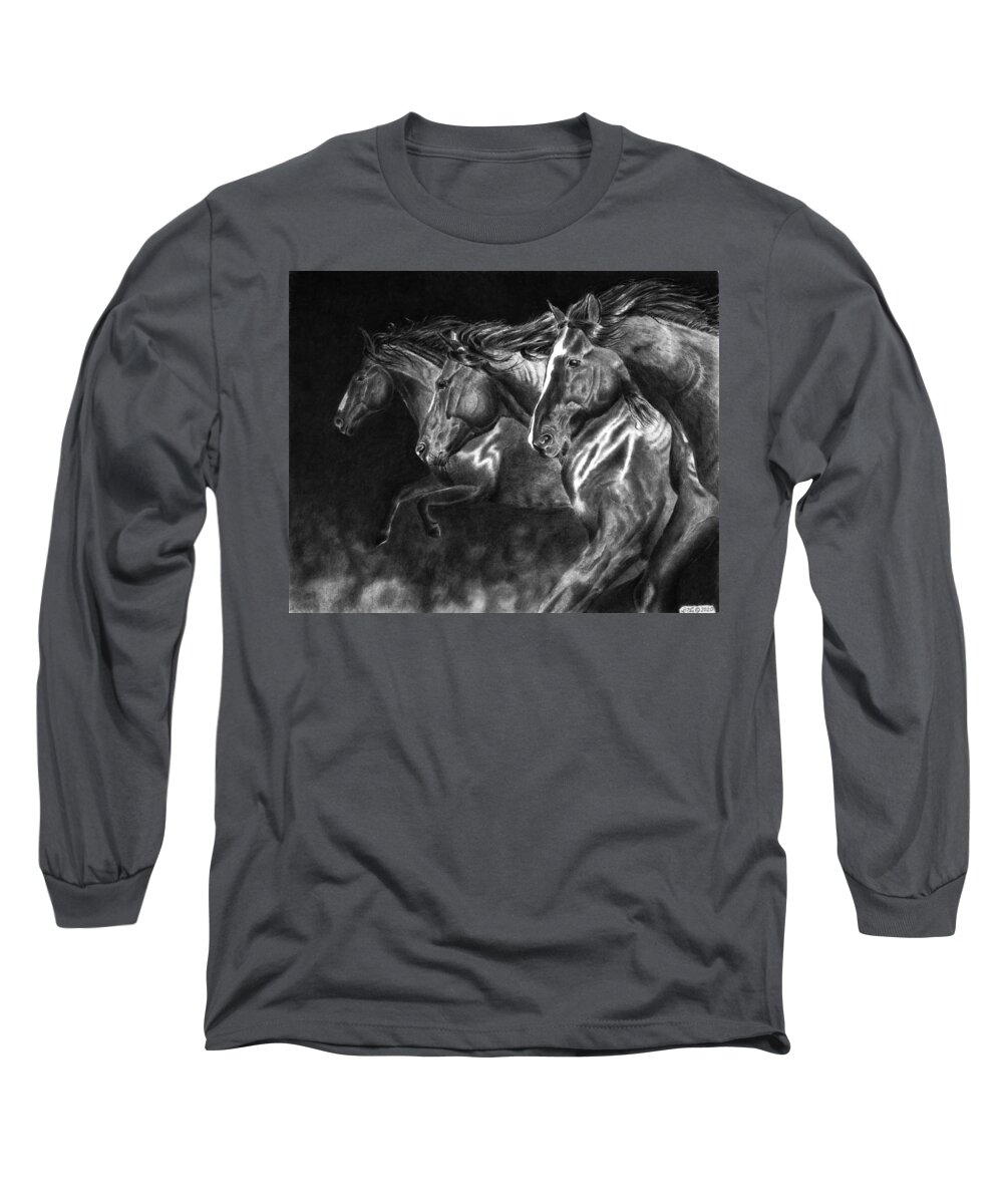 Mustang Long Sleeve T-Shirt featuring the drawing One Way by Greg Fox