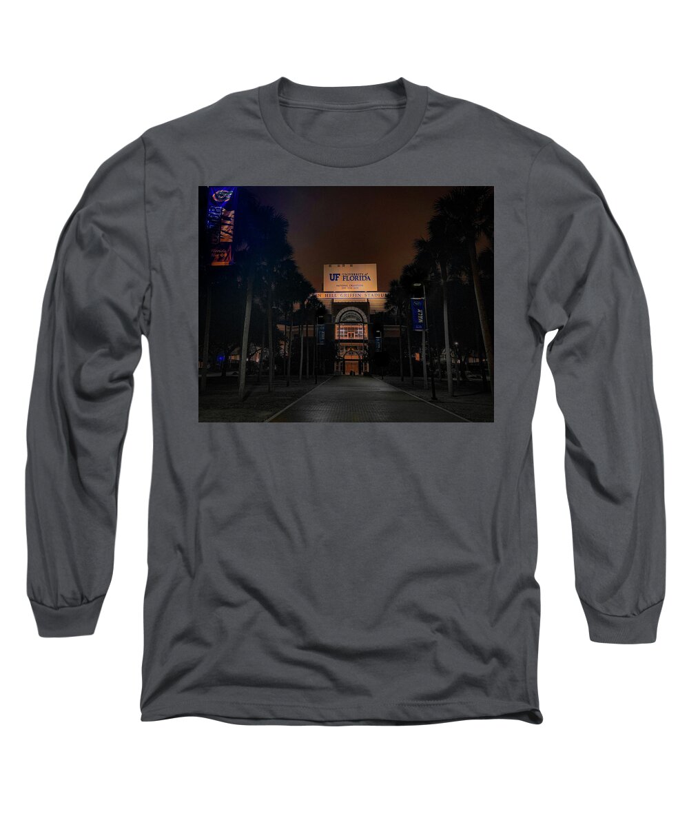 Digital Image Of Ben Hill Griffin Stadium At The University Of Florida - December 2019. Long Sleeve T-Shirt featuring the photograph Orange and Blue After Dark by Lora J Wilson