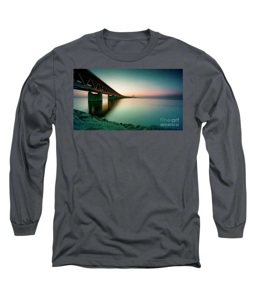 Sunset Bridge Long Sleeve T-Shirt featuring the photograph Oresunds Bridge at Sundown Panorama by Antony McAulay