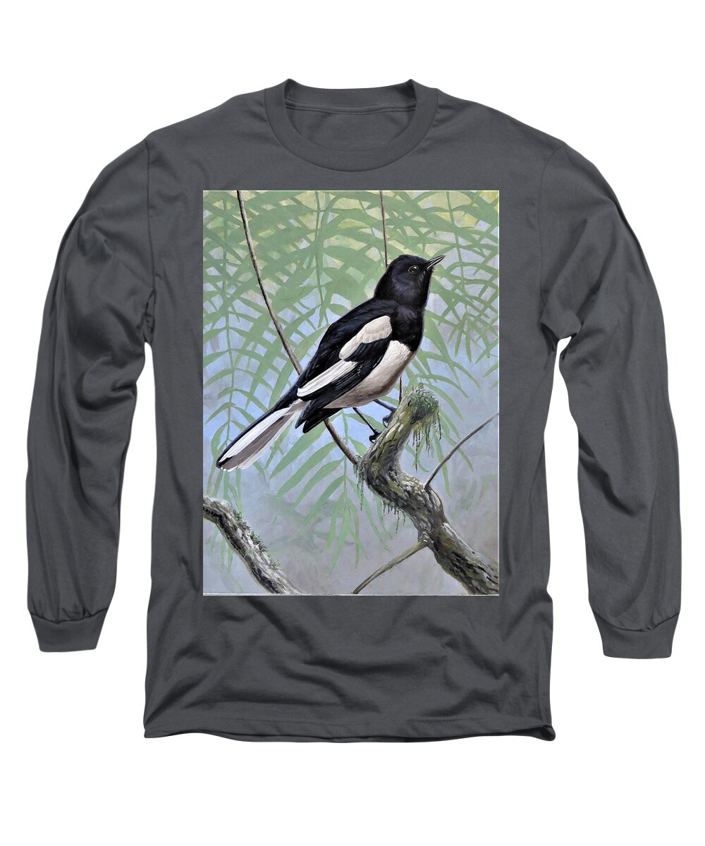 Oriental Magpie-robin Long Sleeve T-Shirt featuring the painting Oriental Magpie-Robin by Barry Kent MacKay