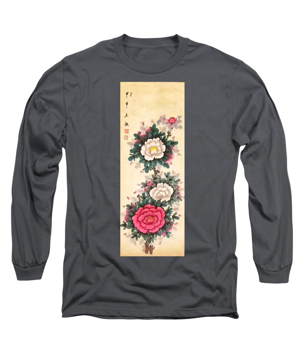Oriental Long Sleeve T-Shirt featuring the painting Oriental Peonies by Shady Lane Studios-Karen Howard