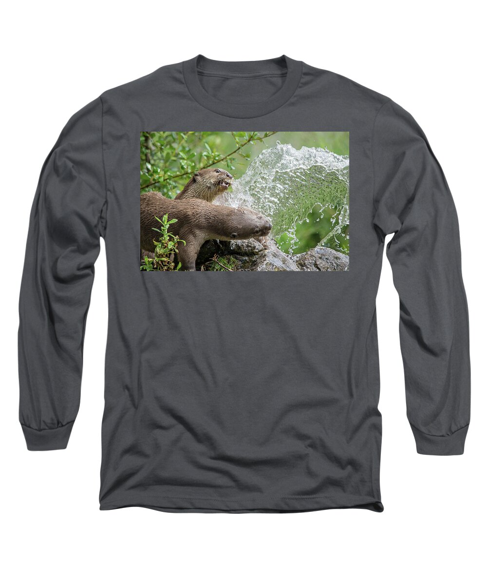 Otters Long Sleeve T-Shirt featuring the photograph Otters in the fountain by Gareth Parkes