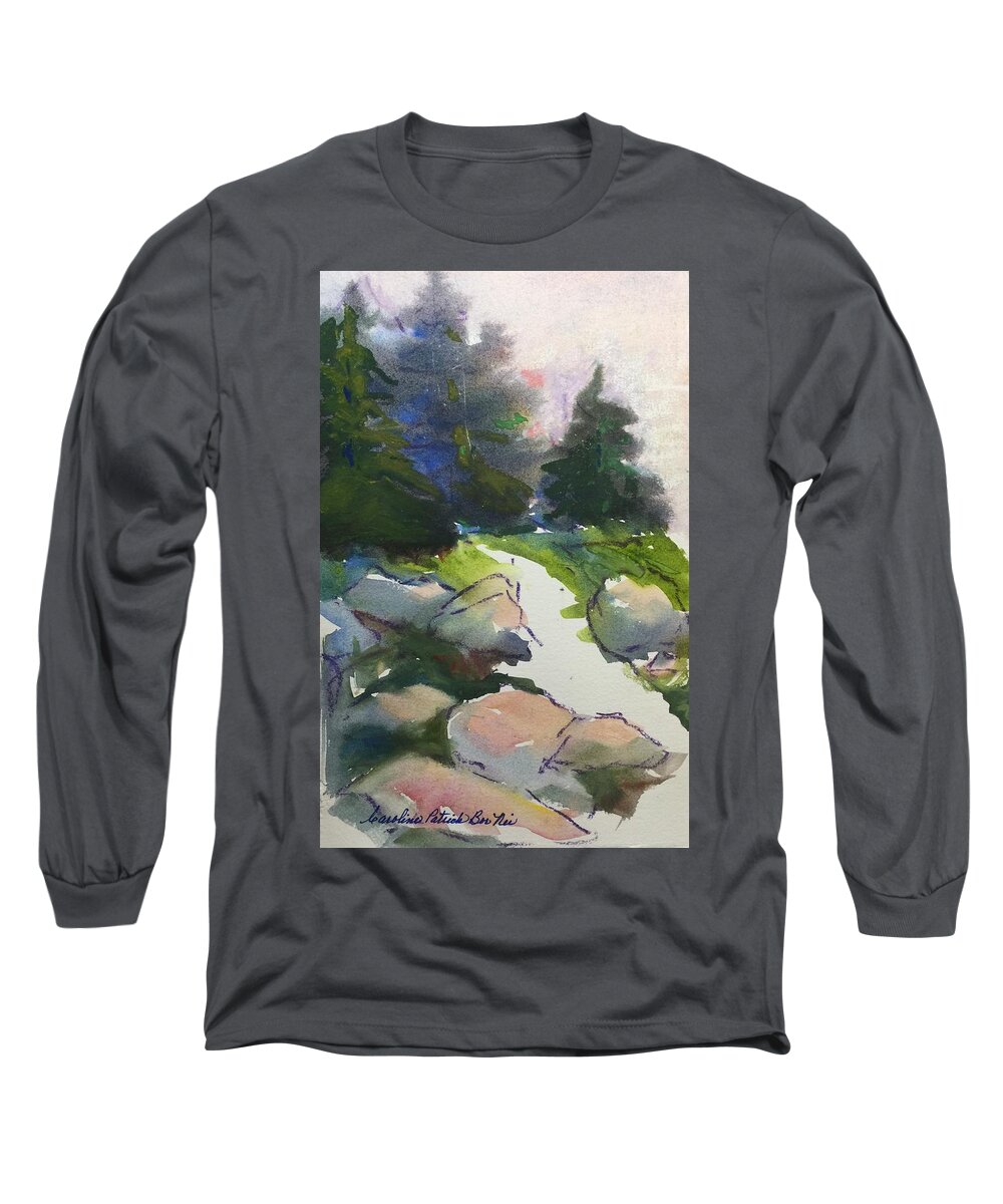 Landscape Of Rocks And Pine Trees Long Sleeve T-Shirt featuring the painting Pacific Northwest by Caroline Patrick