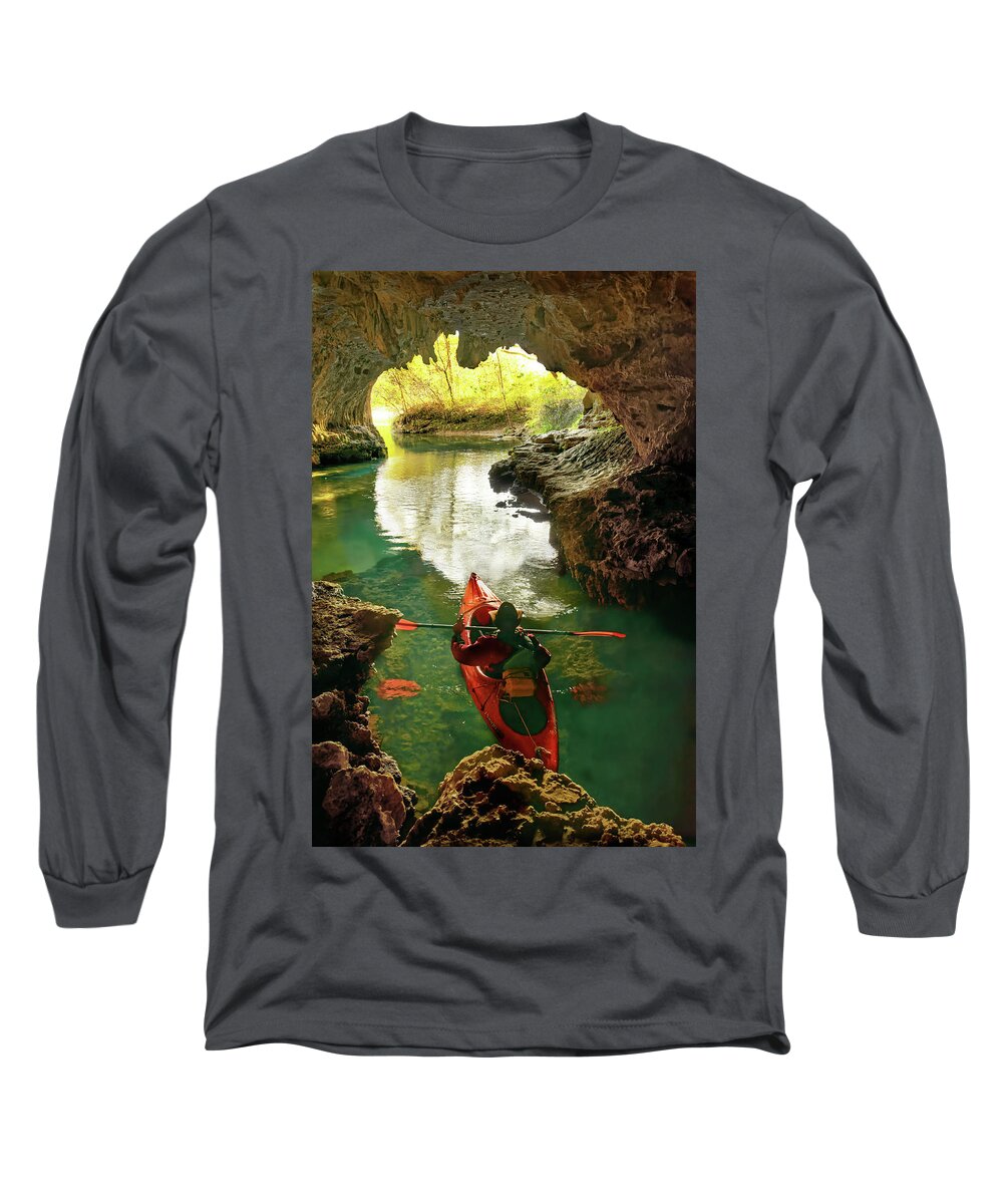 Kayak Long Sleeve T-Shirt featuring the photograph paddling in Cave Spring by Robert Charity