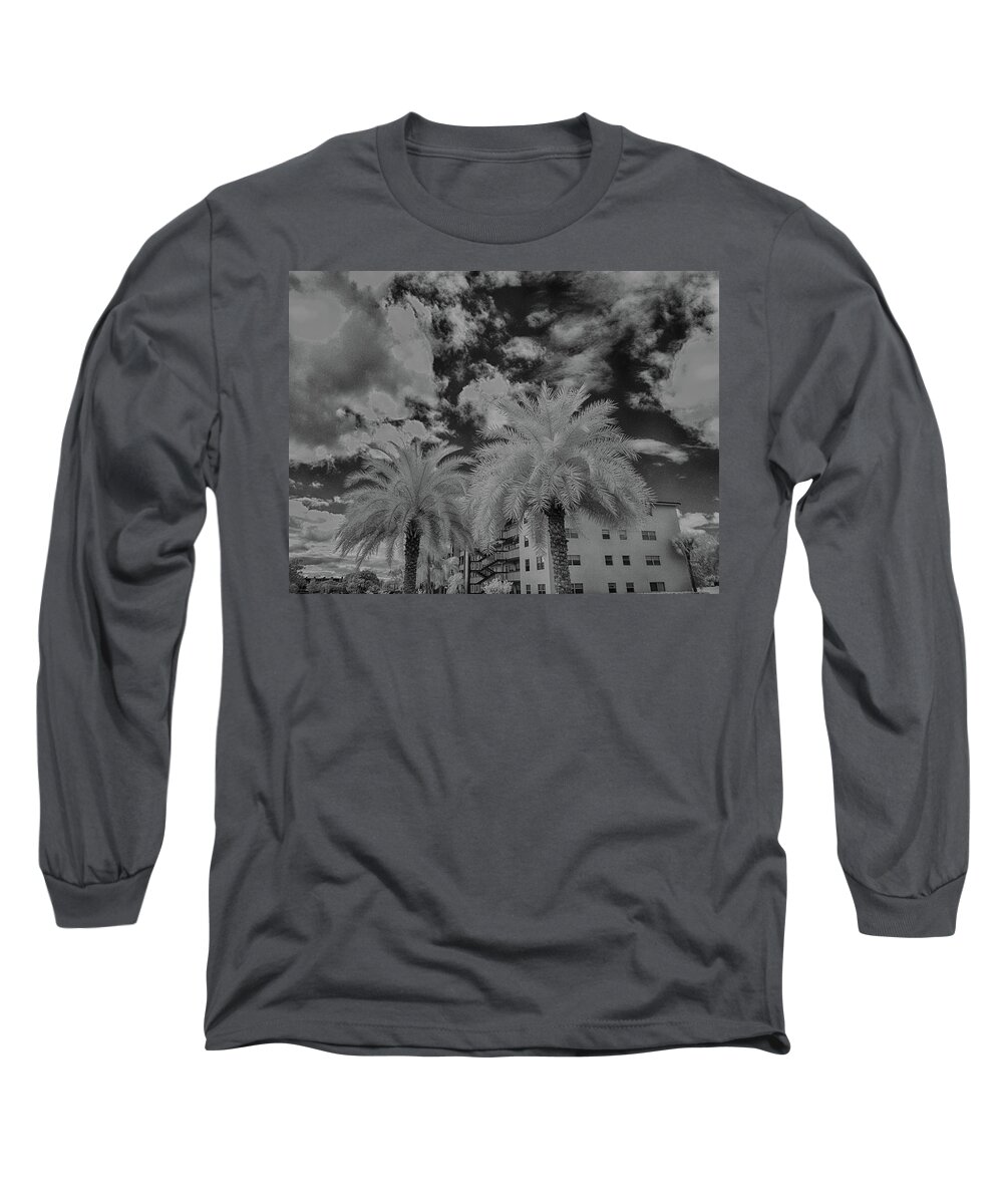 Black And White Long Sleeve T-Shirt featuring the photograph Palm Tree in infrared black and white by Alan Goldberg