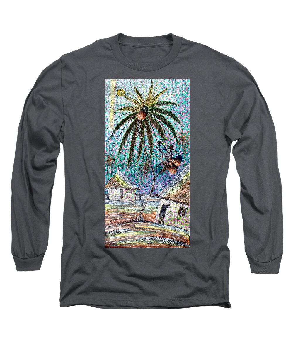 Africa Long Sleeve T-Shirt featuring the painting Palm Wine Tapper by Paul Gbolade Omidirian